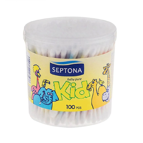 SEPTONA COTTON BUDS in a round plastic P/P drum with flat lid and label SEPTONA KID #100 104-3542/0009