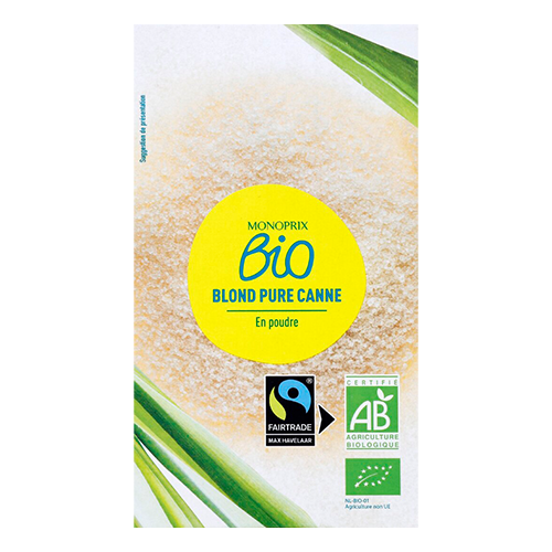 Monoprix Bio sugar in pure cane powder 500g package.