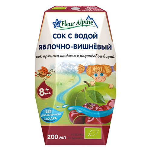 Apple and cherry  Juice with spring water . 200 ml/24