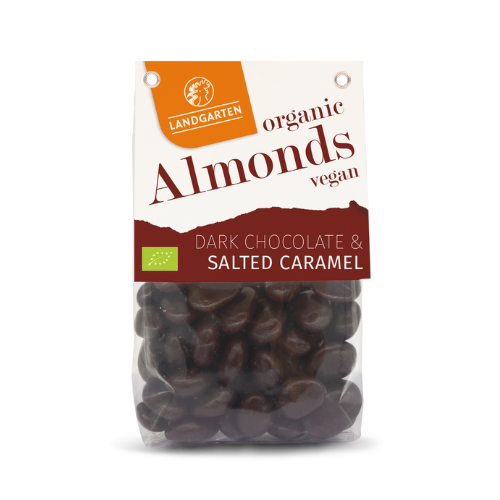 Organic roasted Almonds in dark chocolate with salted caramel 170g